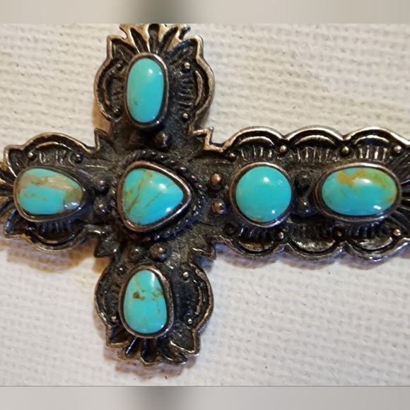 Boho Gypsy Vintage Sleeping Beauty AAA Turquoise Sterling Silver Cross Pendant - Picture 7 of 7